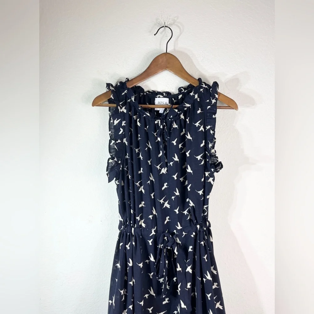 MISA Los Angeles Martina Midi Dress Navy Birds Sz L - Picture 3 of 9